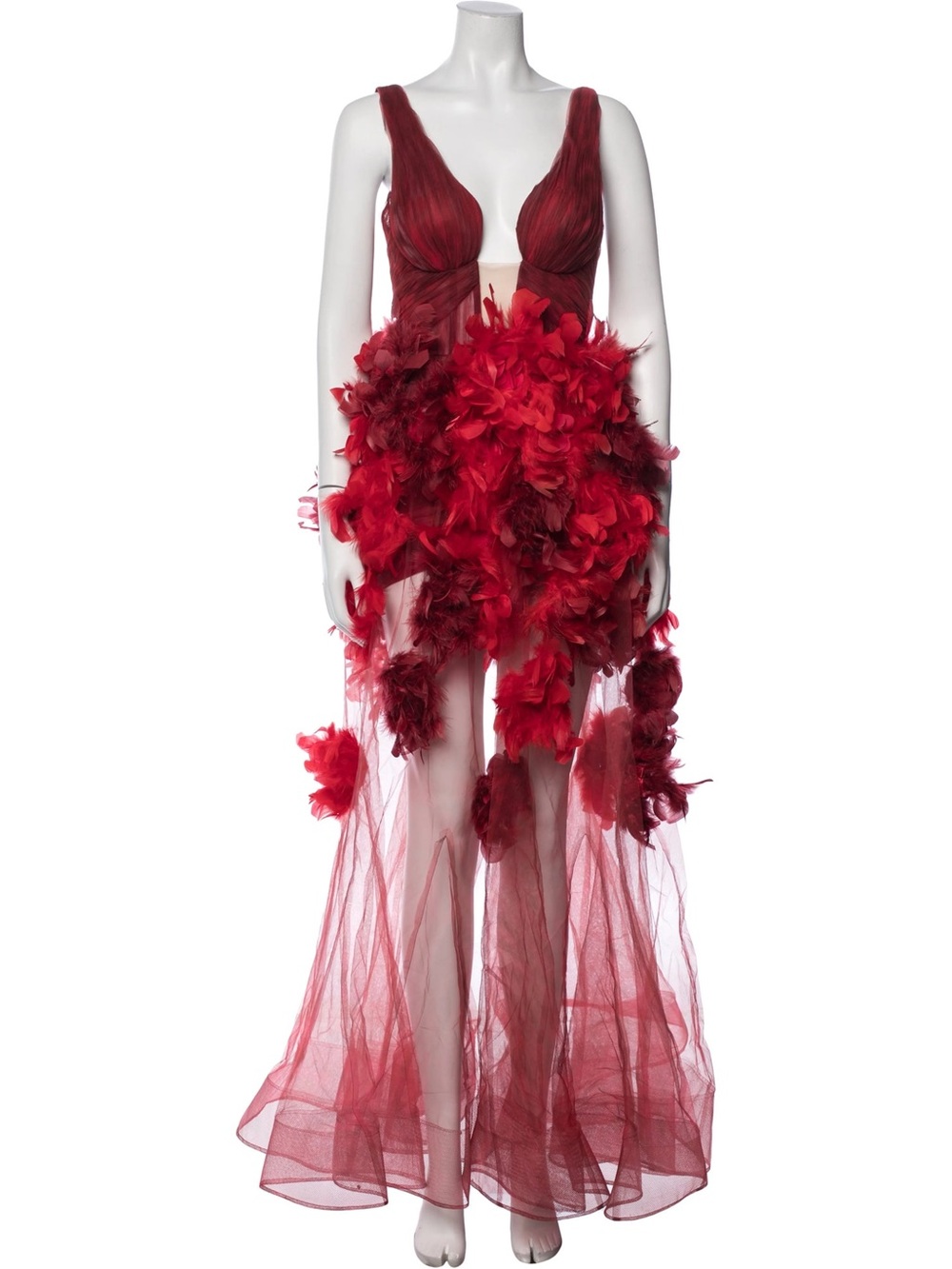 Red Feather-Embellished High-Low Evening Dress